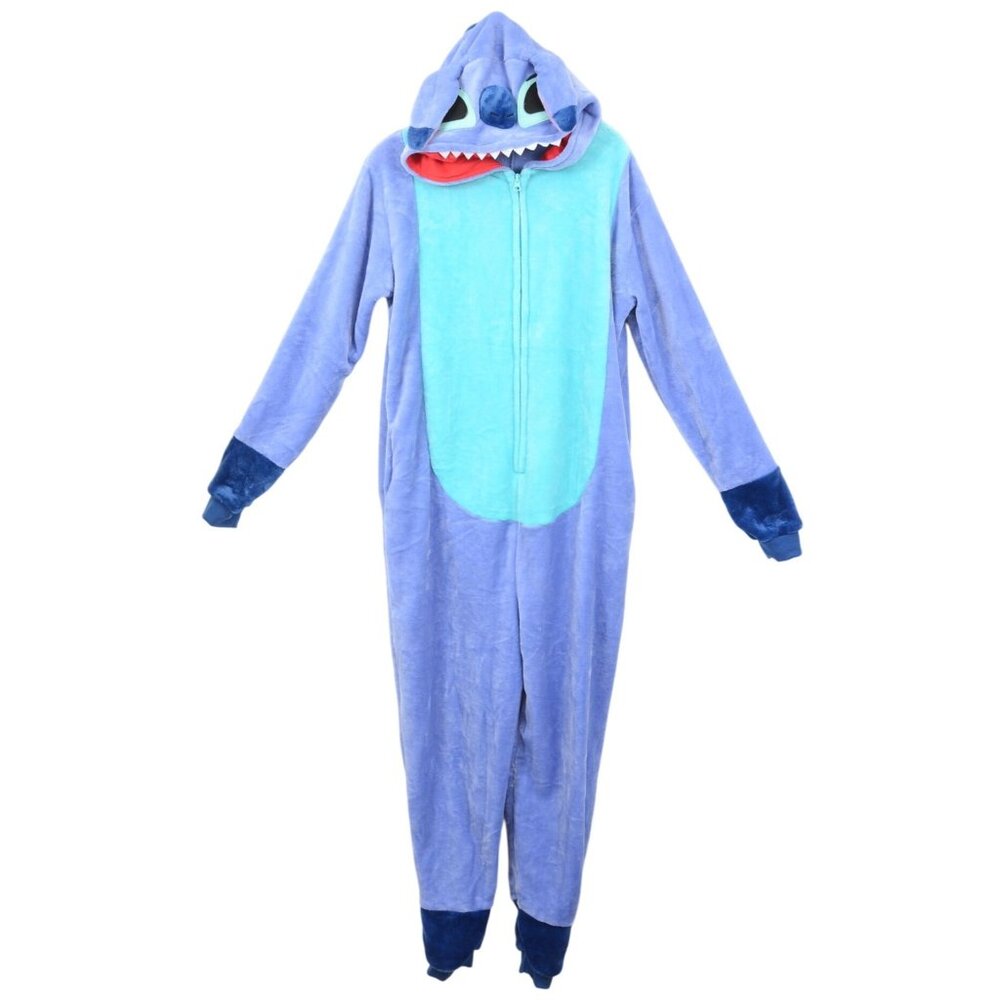 Disney Stitch One Piece Blue Fluffy Pajamas Full Zip Costume Adult Unisex MED